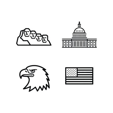 Minimalist Line of Mount Rushmore, U S Capitol, Bald Eagle, and U S Flag