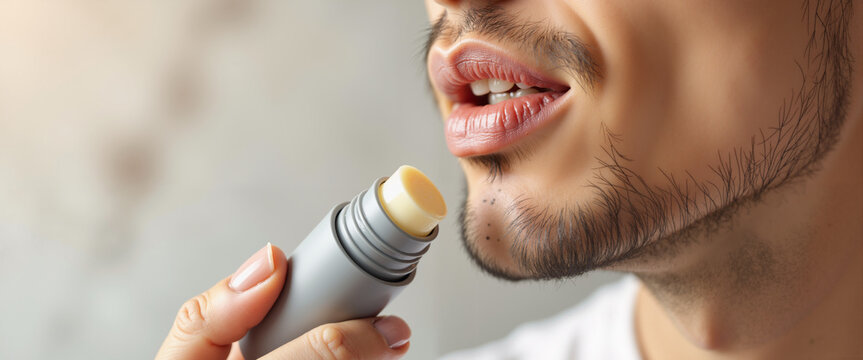 Man applying lip balm to chapped lips while grooming indoors  