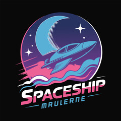 Retro Spaceship Flying Past Moon and Stars rocket vintage vector