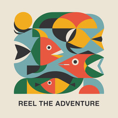 Retro Fish School Geometric Illustration With Text vector