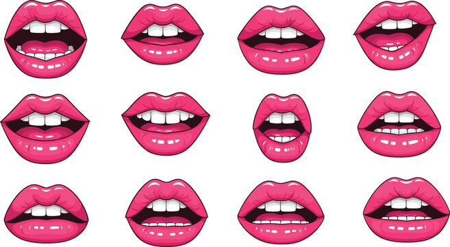 Pink lips expressions, mouth shapes, speech gestures, phonetic poses, emotional movements, animation reference, character design, flat vector illustration