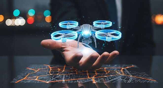 Businessman controlling futuristic drone with city map in hand