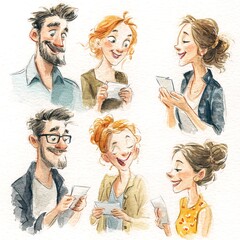 A group of happy people smiling and holding cards in a playful illustration