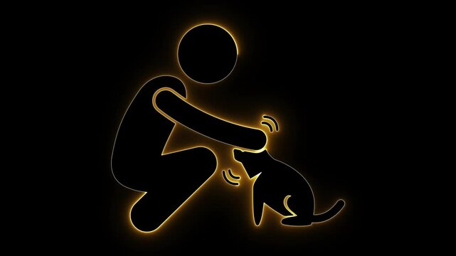 Man petting dog. Human pet bond. Golden neon glow. Dog lover graphic. Silhouette animal. Caring for pets. Glowing line art. Minimalist pet icon. Animal friendship. Golden outline dog.

