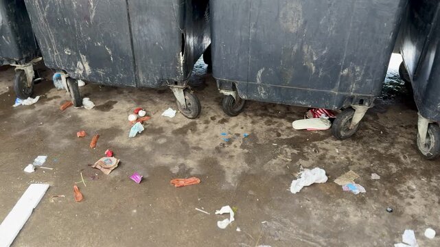 Urban street garbage bins with dirty wheels, stained plastic containers and metal lids gritty alley mood, scattered litter and damp concrete, muted winter light, municipal collection point,