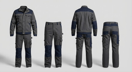 Fototapeta premium Technician work uniform mockup. Gray blue cargo jacket and pants set with functional pockets. Ideal for branding industrial, construction or mechanical workwear. Front back view.