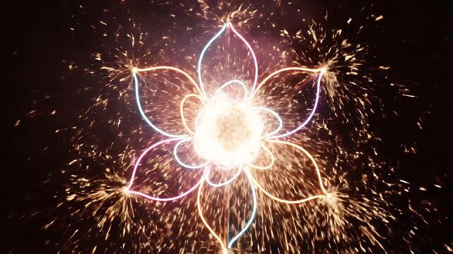 Abstract Neon Flower with Sparks - The video shows a glowing neon flower shape with a fireball at the center. Sparks are flying in the dark background.