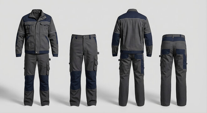 Technician work uniform mockup. Gray blue cargo jacket and pants set with functional pockets. Ideal for branding industrial, construction or mechanical workwear. Front back view.