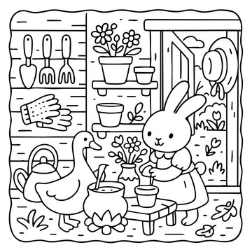 A charming illustration of a rabbit tending to flowers with a duck nearby in a cozy garden setting, surrounded by gardening tools and pots.
