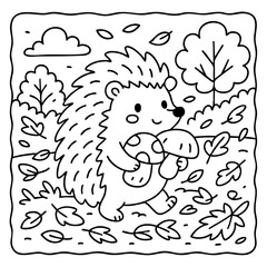 Fototapeta premium A cheerful hedgehog carries mushrooms through a leaf-strewn landscape, surrounded by trees and a cloudy sky in this playful, black-and-white illustration.
