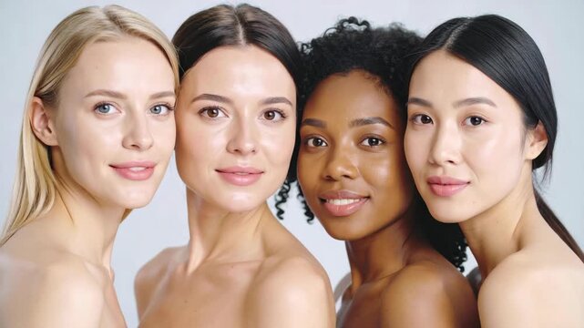 Diverse group of women smiling together, showcasing different skin tones and ethnicities in close-up portrait, healthy skin, diversity, beauty