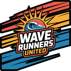 Wave Runners United Logo With Sun and Ocean Wave vector