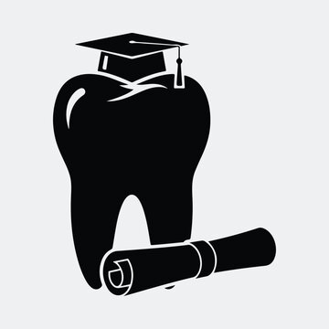 Successful dental student tooth wearing graduation cap with diploma scroll silhouette vector illustration