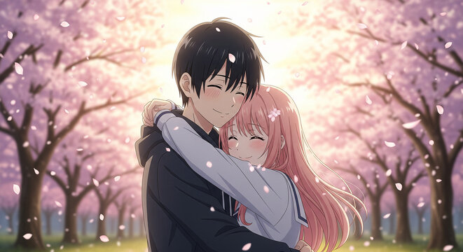 Romantic couple hug under cherry blossom trees in spring love relationship anime illustration soft sunlight petals falling kiss day feeling