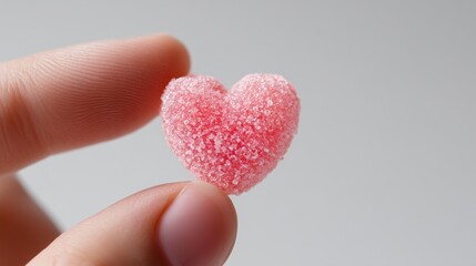 Fototapeta premium Human fingers carefully holding a pink heart-shaped jelly candy