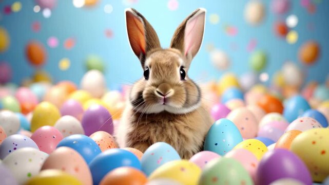 Fluffy brown rabbit surrounded by brightly colored Easter eggs against a blue background with colorful bokeh circles.