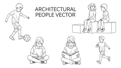 Obraz premium Set of hand-drawn architectural people vector illustration activity lifestyle architectural design line art on transparent backdrop.