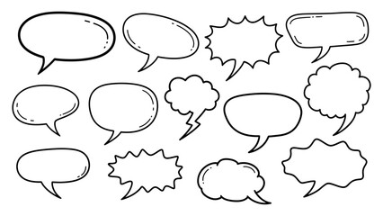 Set of hand-drawn speech bubbles with different shapes and styles vector illustration isolated on a transparent background.