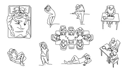 Obraz premium Overhead people seamless transparent pattern drawing of social interactions, including sleeping, dining, working, and relaxing, for a plan of architectural drawings.