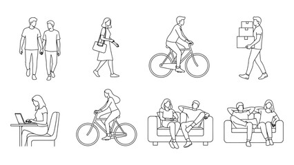 Fototapeta premium Collection of Linear Drawings of People Engaging in Various Activities Such as Walking, Biking, Working, and Relaxing on a Transparent Backdrop.