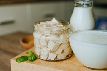 Tofu, Milk and Yogurt on Wooden tray