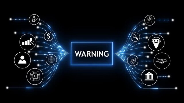 Warning concept with interconnected icons representing technology finance security and human interaction flowing towards a central glowing alert