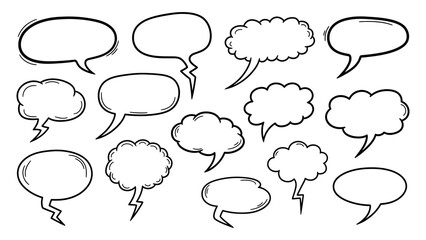 Fototapeta premium Outline Speech Bubbles Set Vector Line Art Design Collection of Communication Elements for Conversations and Dialogs in Various Shapes and Styles.