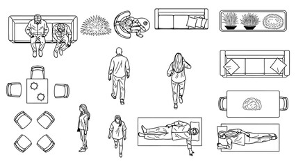 Architecture plan with furniture and people in top view for interior design, like sofa, chairs, table, bed, and plant arrangement in the house. © Hafiz