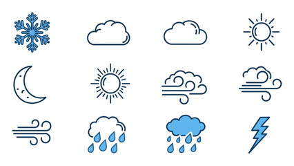 Obraz premium Set of Weather Symbols and Icons Depicting Different Weather Conditions, Such as Sun, Cloud, Wind, Moon, Rain, Snowflake, Isolated on Transparent.
