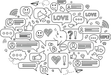 Hand Drawn Social Media Doodle Icons in Speech Bubble Circle on White Background © Sadia