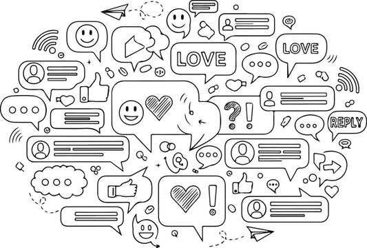 Hand Drawn Social Media Doodle Icons in Speech Bubble Circle on White Background