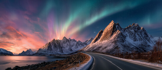 road with majestic mountains aurora