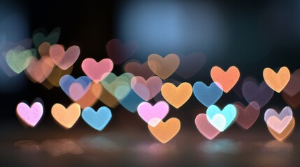 Blurred heart shape bokeh lights creating a colorful, soft, and romantic background