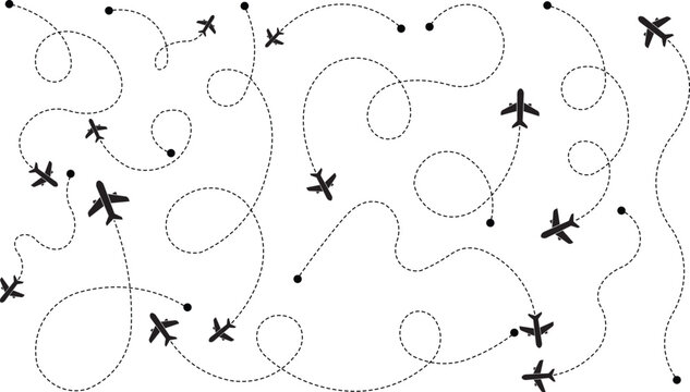 Airplane flight path pattern on a white background. Dotted curved routes form a seamless aviation travel design. Clean vector illustration for navigation, transport, and journey concepts.