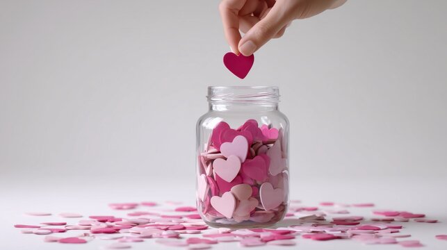 Hand adding paper hearts into a glass jar, symbolizing donations and giving concepts