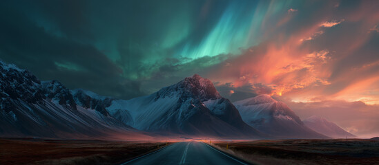 road with majestic mountains aurora