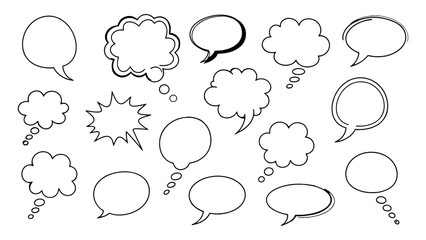 Speech bubbles set in a doodle style collection of talk clouds for messages and communication, thought balloons isolated on a transparent background. © Hafiz