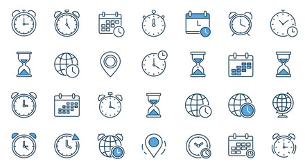 A collection of various time related icons depicting clocks calendars hourglasses and world maps © Shakil