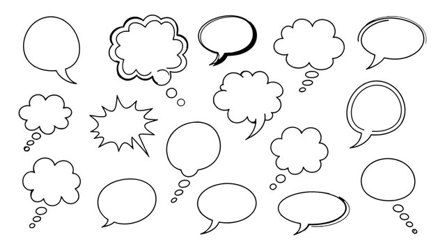 Speech bubbles set in a doodle style collection of talk clouds for messages and communication, thought balloons isolated on a transparent background.