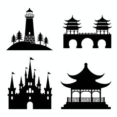 Fototapeta premium Collection of Architectural Silhouettes Including Castle and Pagoda