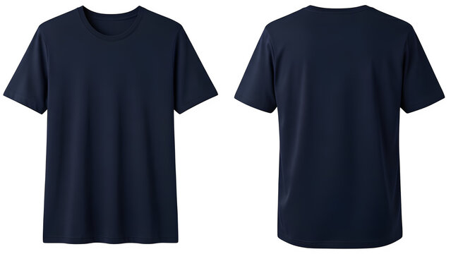 Front and back view of a navy blue crew neck t shirt, isolated on white or transparent background, ideal for apparel mockups, fashion catalogs, branding, and print design. PNG