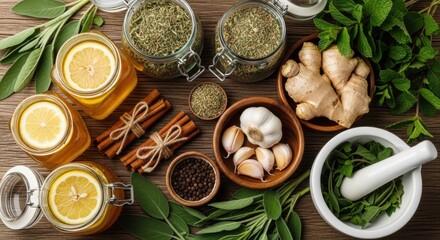 Fototapeta premium Herbal remedies and spices on wooden table for natural health