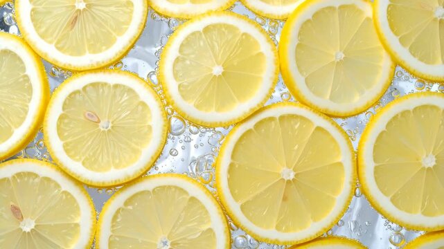 Refreshing lemon slices floating in clear water with scattered bubbles, creating a vibrant and juicy close-up composition, summer theme.