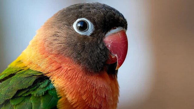 Close-up portrait of colorful lovebird with red beak and green feathers