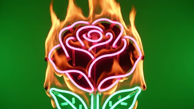 Neon Rose on Fire - A vibrant pink neon rose is enveloped in flickering flames against a vivid green background. The bright colors and contrasting elements create a striking and eye-catching video.