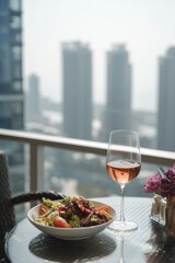 Obraz premium Light lunch on sunlit balcony table: salad and glass of rose, distant city skyline softened by spring haze. A moment of quiet refreshment with urban charm.