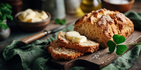 Fototapeta premium A loaf of traditional Irish soda bread rests on a wooden board with pats of butter and a green linen napkin. A clover leaf tucked nearby adds a soft festive touch.