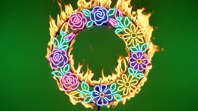 Burning Neon Floral Wreath - A neon floral wreath is engulfed in flames against a green background. The wreath features roses and other flower shapes outlined in various neon colors like pink, blue,