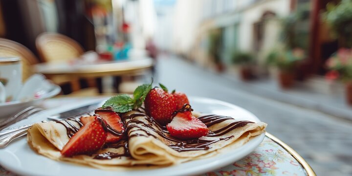 Delicate crepe with chocolate and strawberries folded on plate at French cafe table. Elegant dessert moment with Parisian street blurred behind.