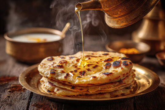 Traditional Indian Puran Poli with Melting Ghee Pouring on Top